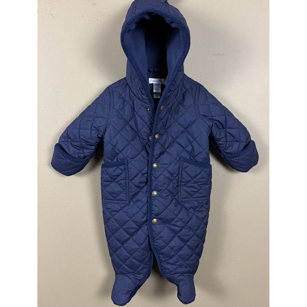Ralph Lauren Hooded Barn Bunting Baby Quilted Snowsuit  Newport Navy Blue 3M